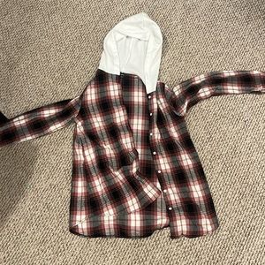 red, white, pink, black, flannel with white hood